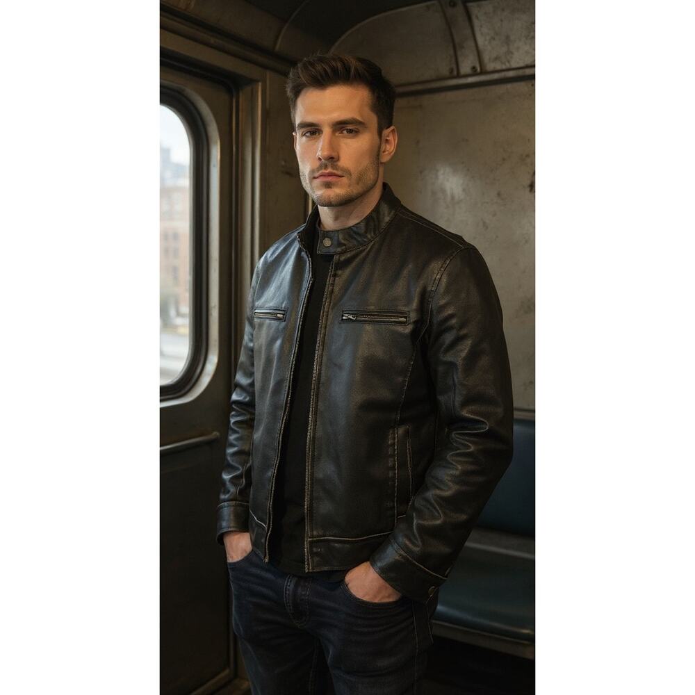 Black Rivet Men's Black Motorcycle Jacket Size Small Faux Leather‎ Casual